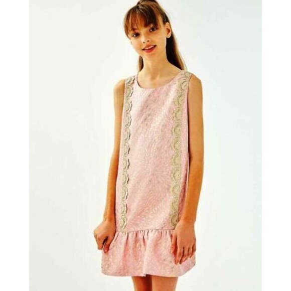 NWT Lilly Pulitzer Thalia Blush Pink & Gold Girls Zinnia Brocade Shift Dress 14